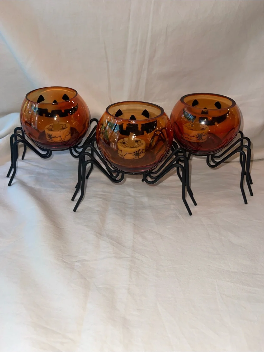 Set of 3 Glass Pumpkin Spider tea light holders